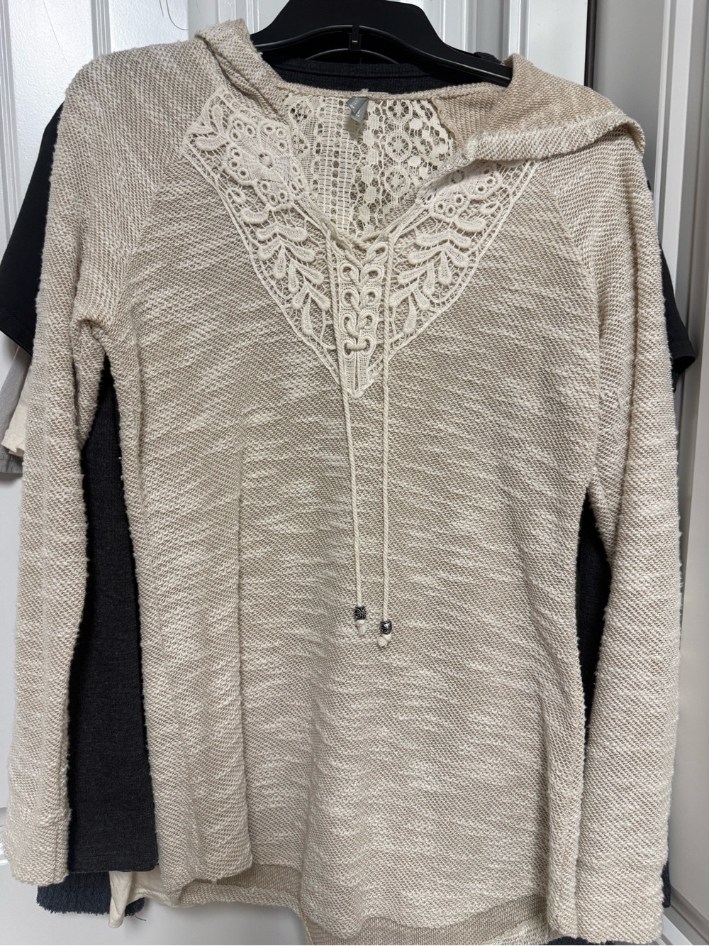 Vanity Beige V-Neck Hooded Sweater with Lace Trim